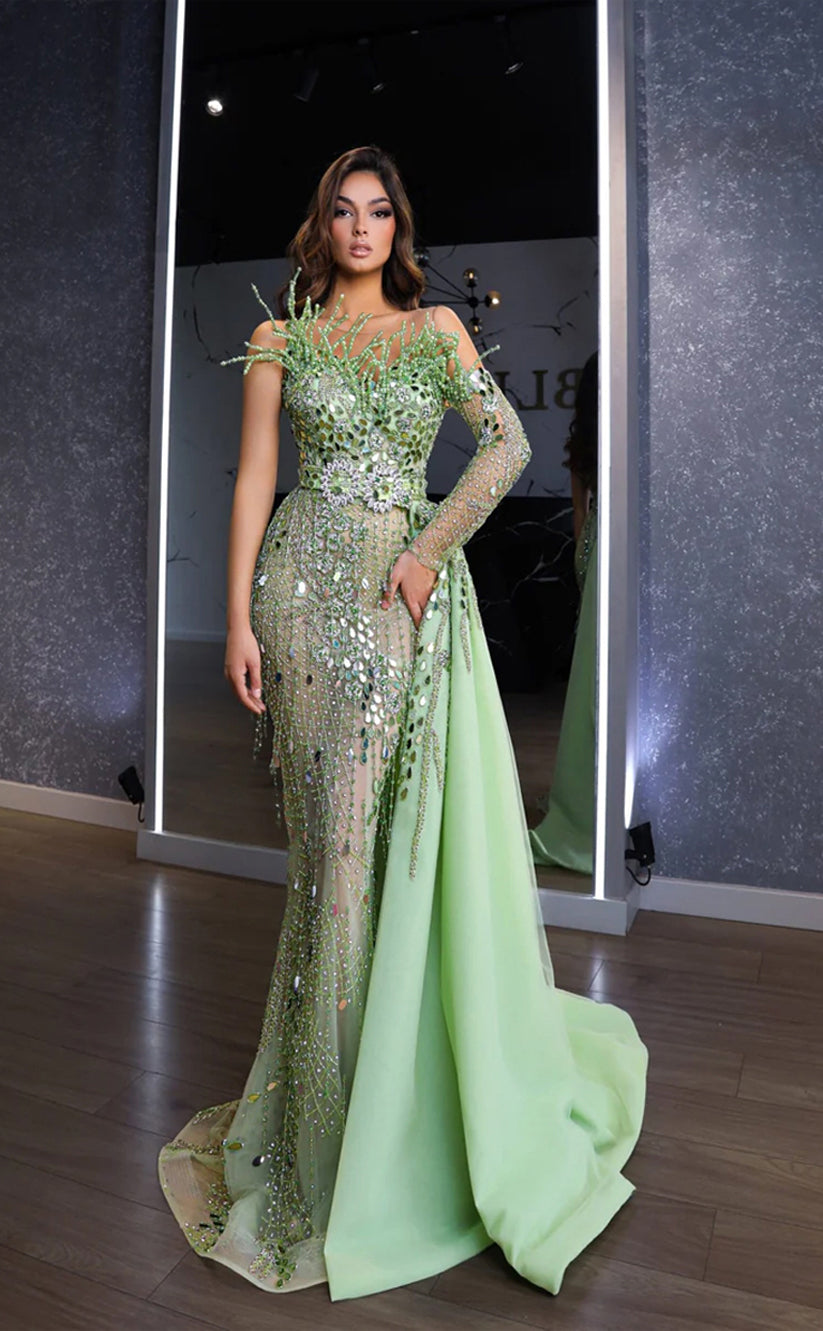 RP303-Luxury Grass Green Mermaid Strapless Beads Crystals Tassel One Long Sleeve Prom Evening Dresses Formal Party Gowns With Detachable Train
