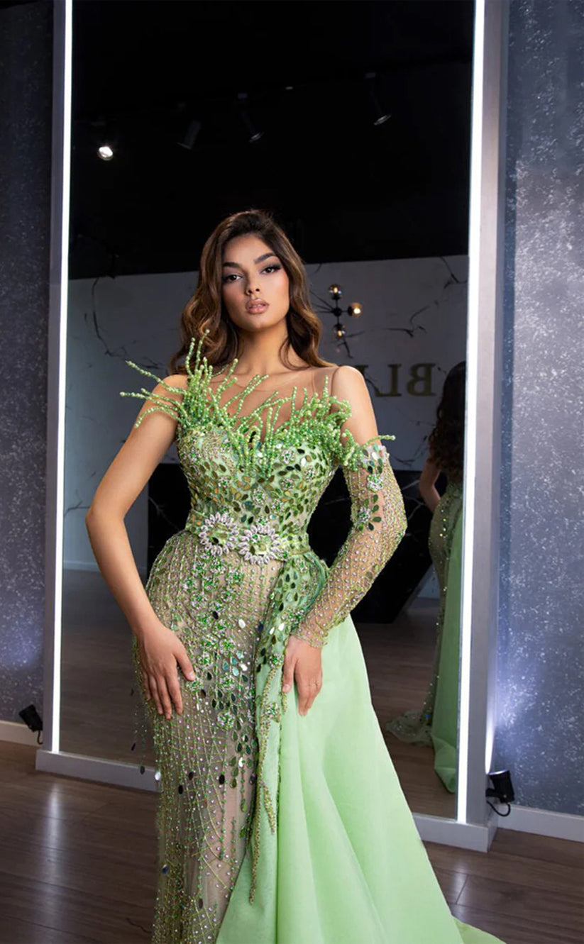 RP303-Luxury Grass Green Mermaid Strapless Beads Crystals Tassel One Long Sleeve Prom Evening Dresses Formal Party Gowns With Detachable Train