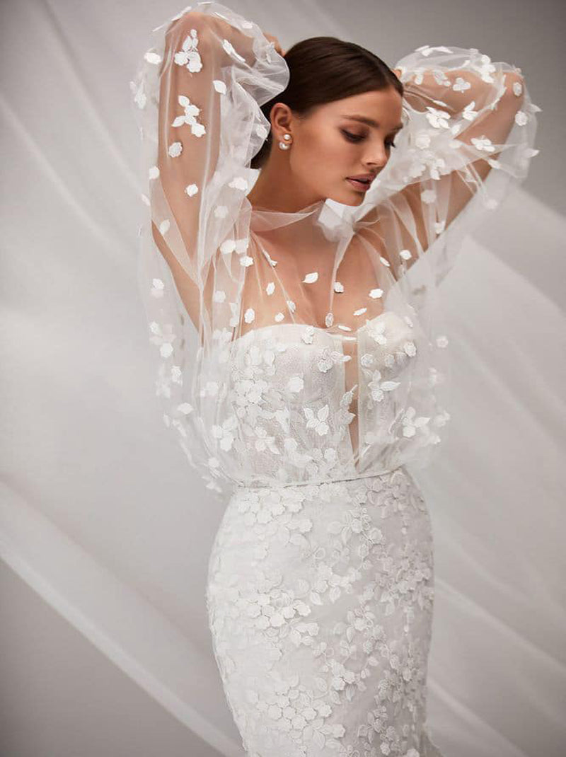 Illusion & Classic Mermaid Boho Wedding Dresses Strapless Appliqued Tulle Sweep Train Bridal Gowns With Jacket