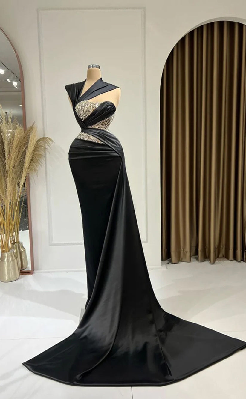 RP310-Elegant Black Mermaid One Shoulder Beads Crystals Sleeveless Prom Evening Dresses Formal Party Gowns