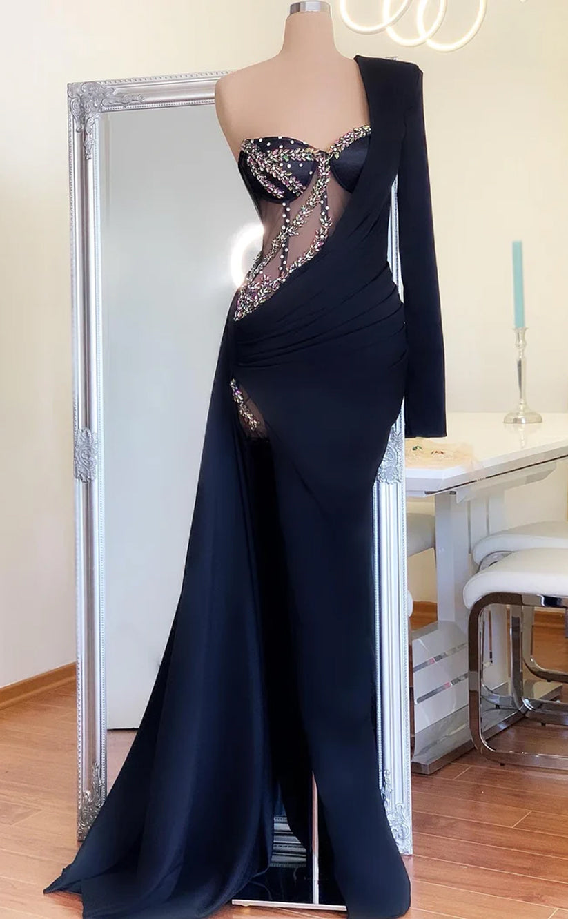 RP514-Elegant Black Mermaid One Shoulder Ruched Beads Crystals Satin Long Sleeves Prom Evening Dresses Formal Party Gowns With Split