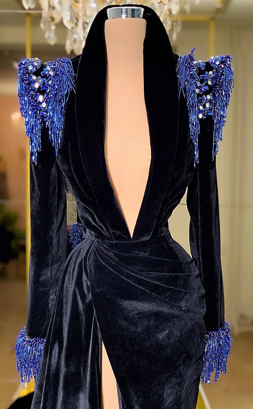 RP516-Elegant Black Mermaid V-Neck Crystals Tassel Velvet Long Sleeves Prom Evening Dresses Formal Party Gowns With Slit