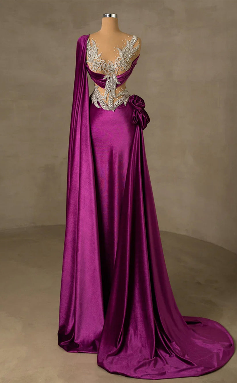 RP314-Elegant Purple Mermaid Illusion Neck Beads Appliqued Sleeveless Velvet Prom Evening Dresses Formal Party Gowns With Flower