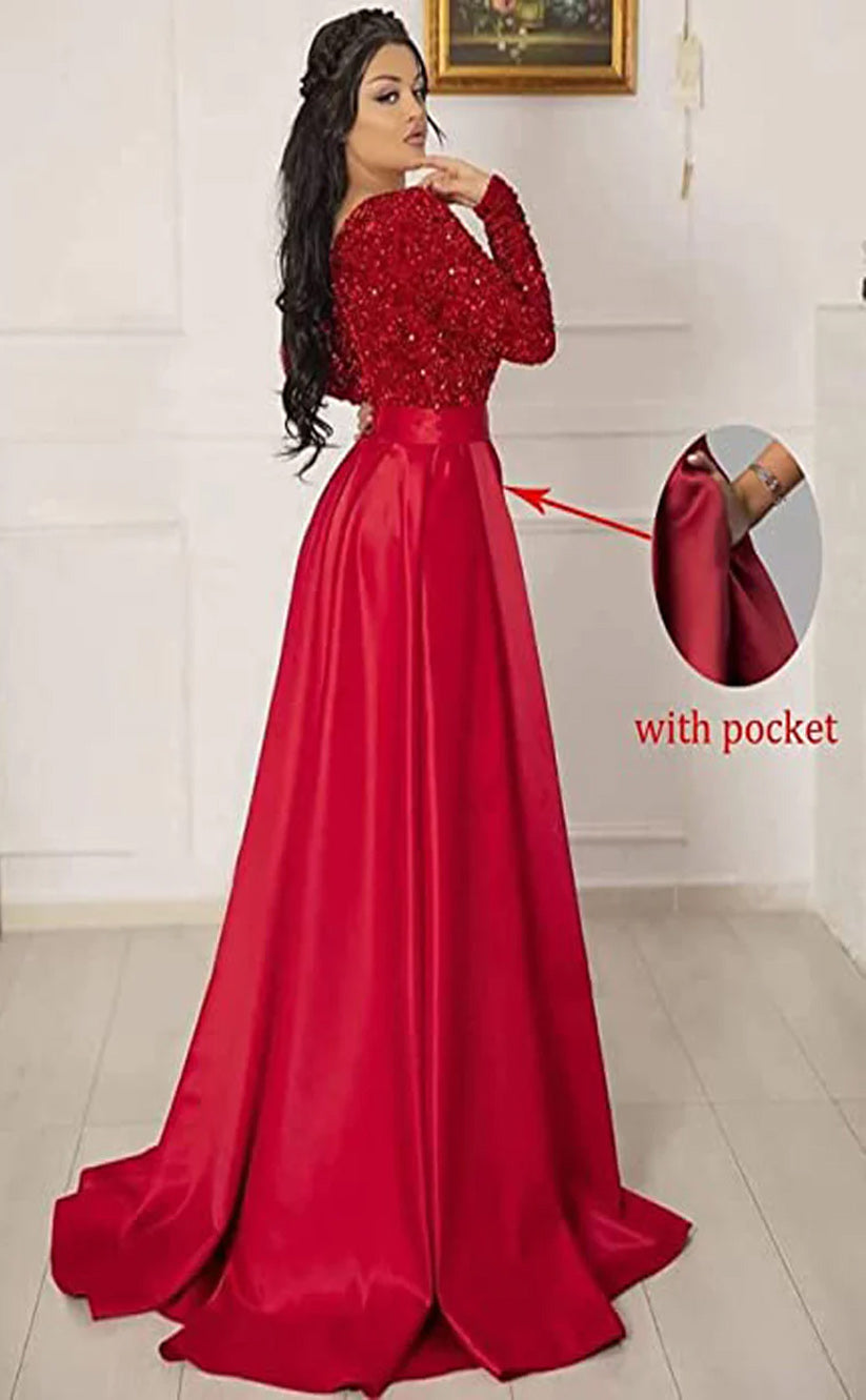 RP049-Elegant A-Line Sweetheart Long Sleeves Beads Sequins Side Slit Lace up Back Long Satin Prom Dresses With Pockets Evening Party Gowns