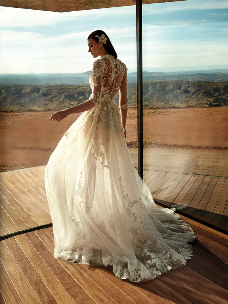 Sexy & Gorgeous A-Line Boho Beach Illusion Wedding Dresses High Collar Appliqued Sweep train Tulle Bridal Gowns Custom