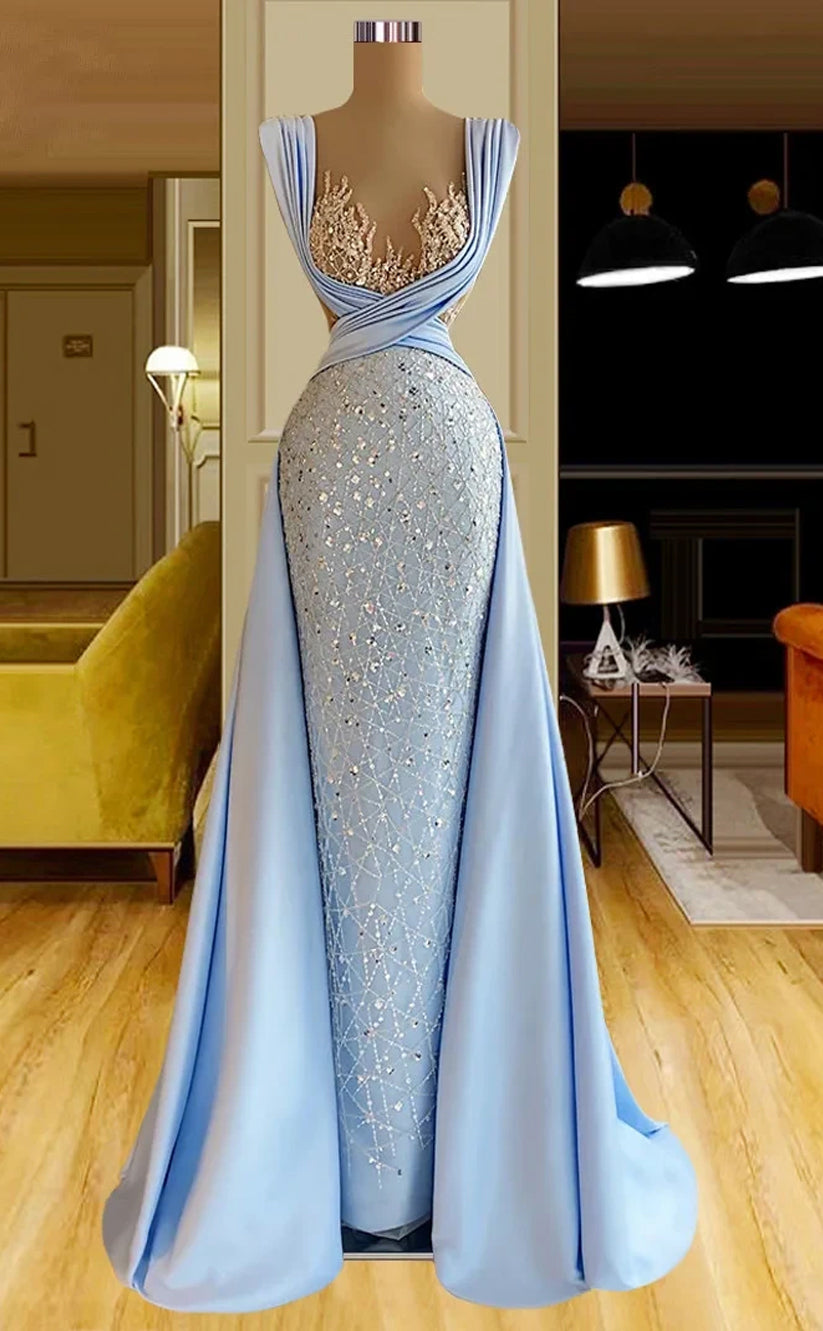 RP367-Sparkling Sky Blue Mermaid Beaded Sequins Sleeveless Prom Evening Dresses Formal Party Gowns With Train