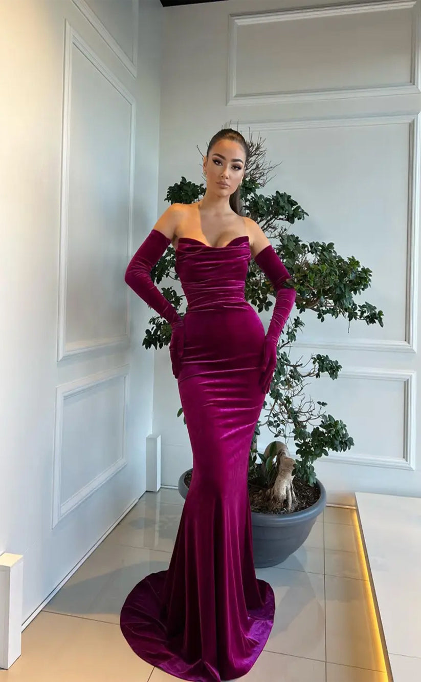 RP205-Purple Mermaid Sweetheart Long Sleeves Pleats Draped Prom Dresses Formal Evening Party Gowns