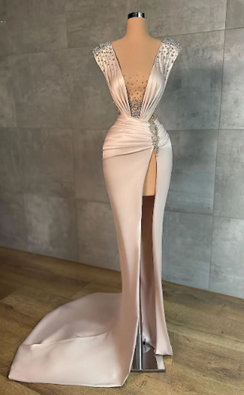 RP1837-Elegant Champagne Trumpet Ilusion Neck Beaded Ruched Sleeveless Satin Prom Evening Dresses Formal Party Gowns With Slit