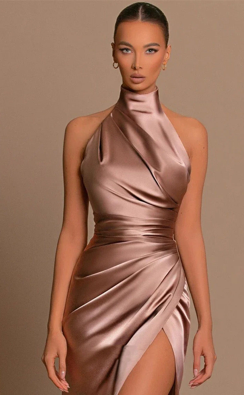 RP106-Elegant Champagne Sheath Halter High Neck Sleeveless Long Satin Prom Dresses With Pleats and Side Slit Fashion Evening Party Gowns