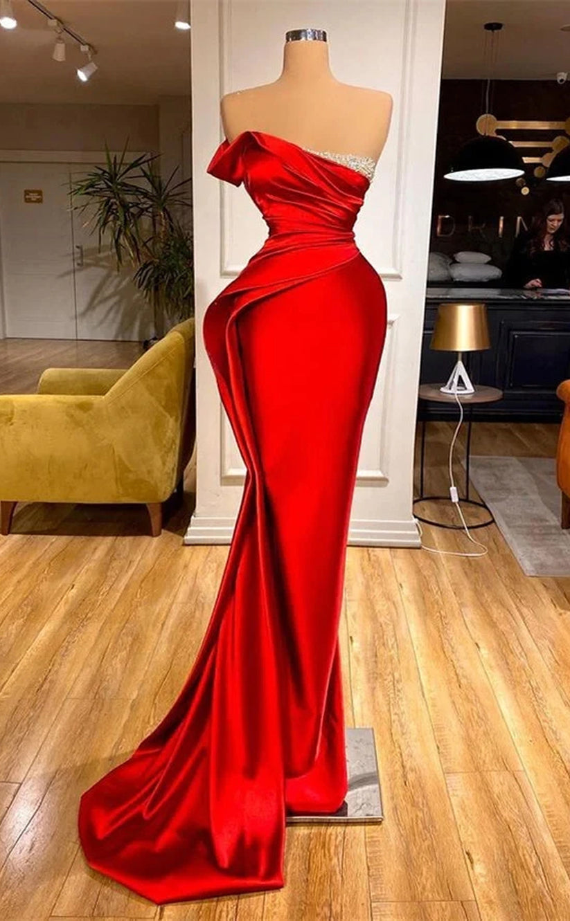 RP316-Elegant Red Mermaid Strapless Beads Crystals Sleeveless Prom Evening Dresses Formal Party Gowns