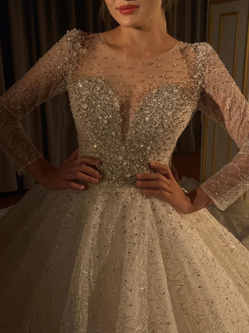Sparkling Ball Gown Wedding Dresses Scoop Beads Crystals Sequins Illusion Long Sleeves Lace Up Tulle Court Train Bridal Gowns Custom Made