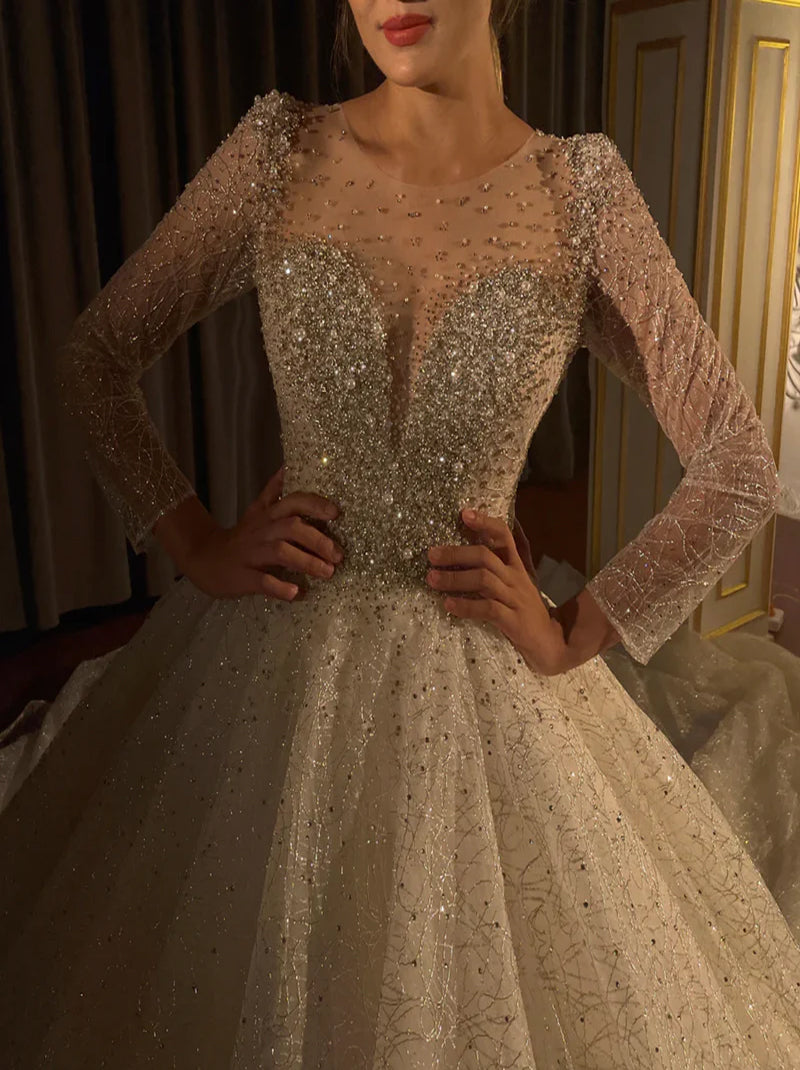 Sparkling Ball Gown Wedding Dresses Scoop Beads Crystals Sequins Illusion Long Sleeves Lace Up Tulle Court Train Bridal Gowns Custom Made