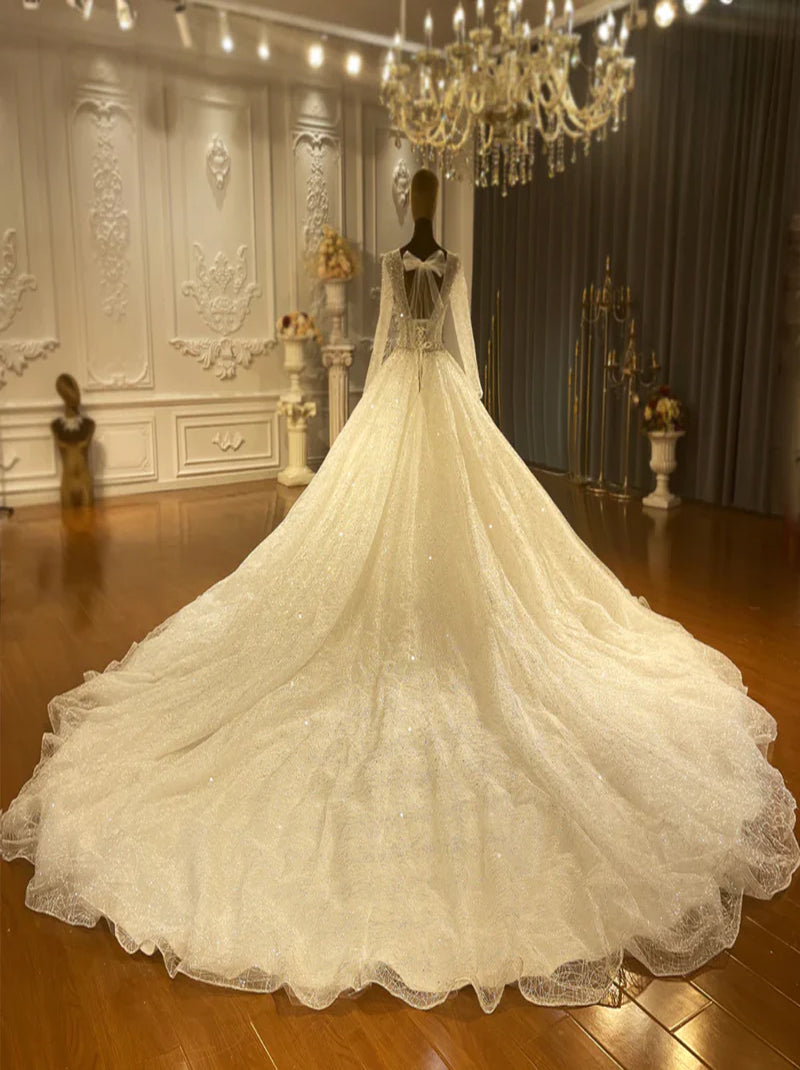 Sparkling Ball Gown Wedding Dresses Scoop Beads Crystals Sequins Illusion Long Sleeves Lace Up Tulle Court Train Bridal Gowns Custom Made