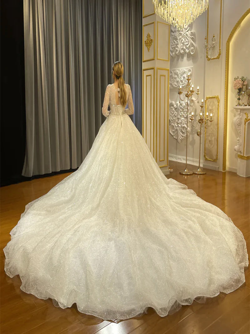 Sparkling Ball Gown Wedding Dresses Scoop Beads Crystals Sequins Illusion Long Sleeves Lace Up Tulle Court Train Bridal Gowns Custom Made