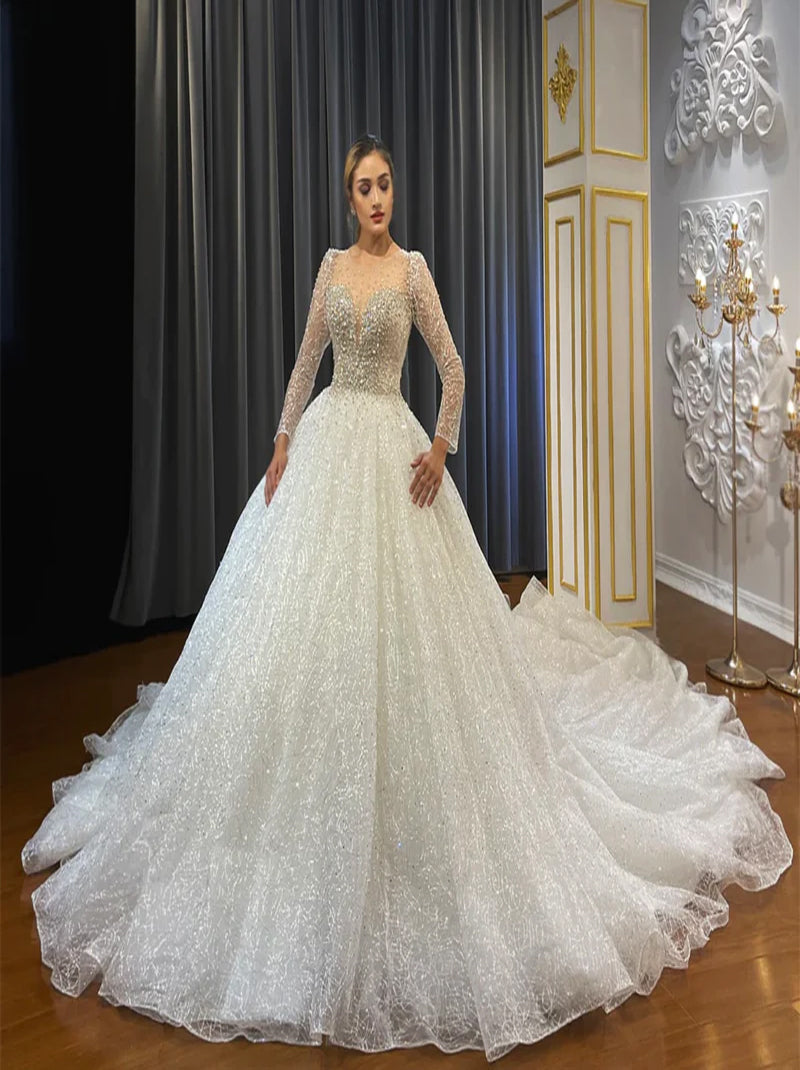 Sparkling Ball Gown Wedding Dresses Scoop Beads Crystals Sequins Illusion Long Sleeves Lace Up Tulle Court Train Bridal Gowns Custom Made