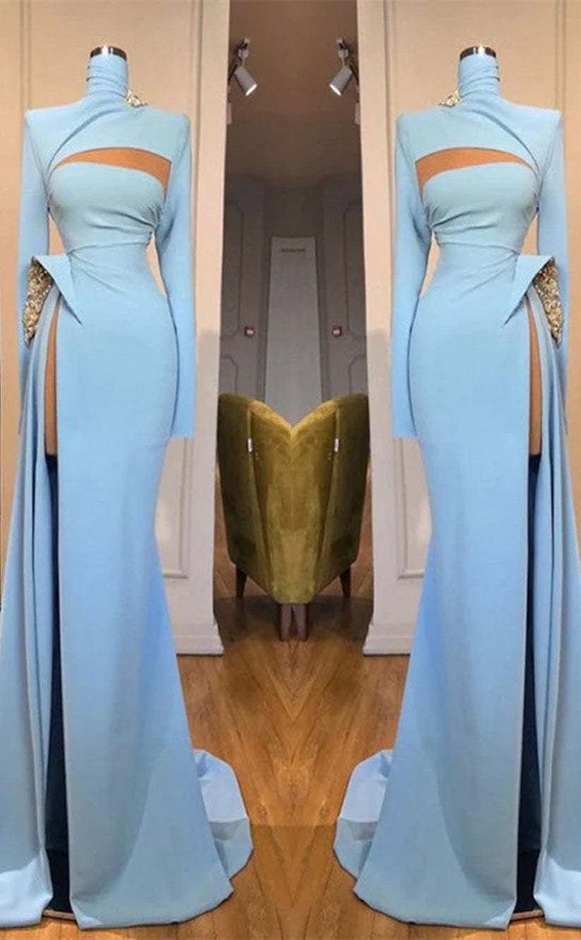 RP324-Sky Blue Sheath/Column High Neck Beads Long Sleeves Prom Evening Dresses Formal Party Gowns With Slit