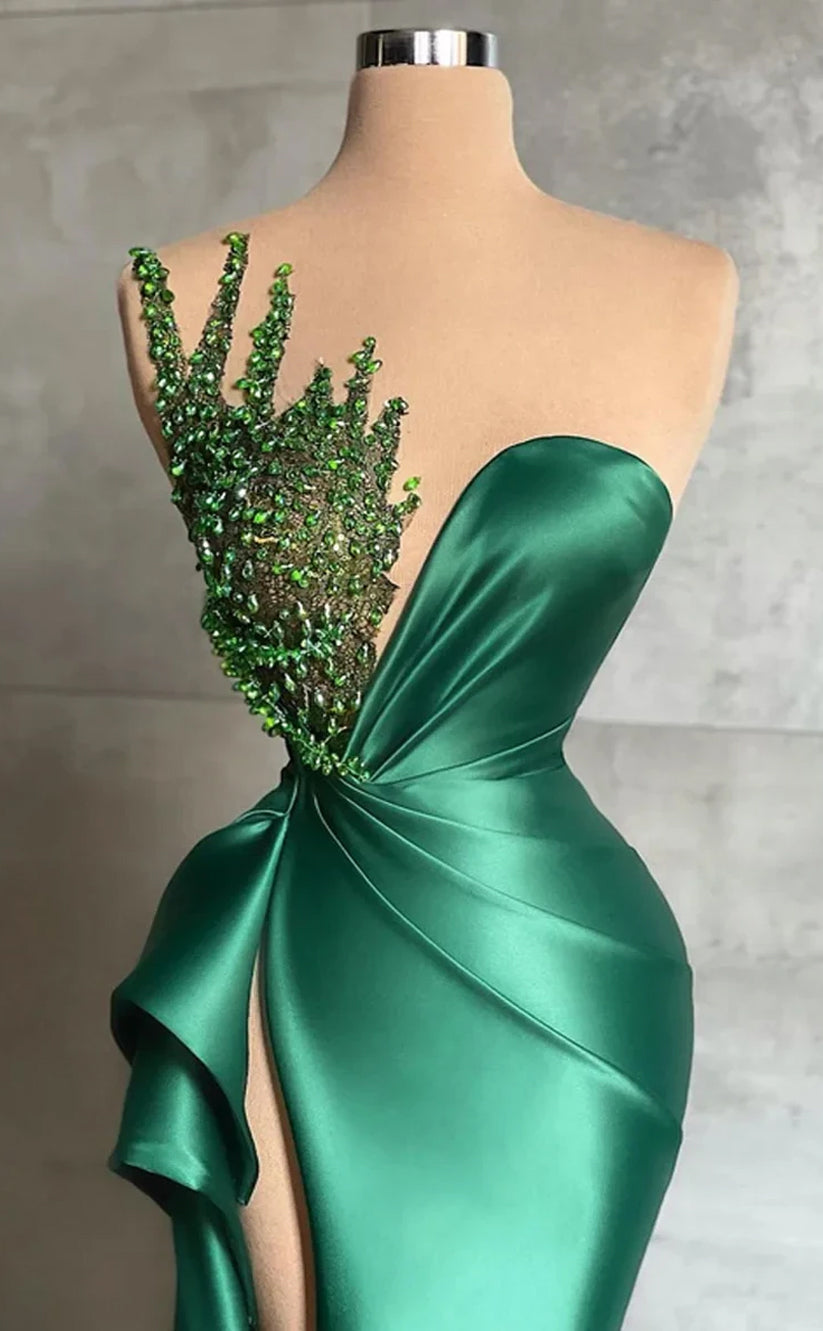 RP368-Green Mermaid Sweetheart Beaded Sequins Sleeveless Long Prom Evening Dresses Formal Party Gowns With Side Slit