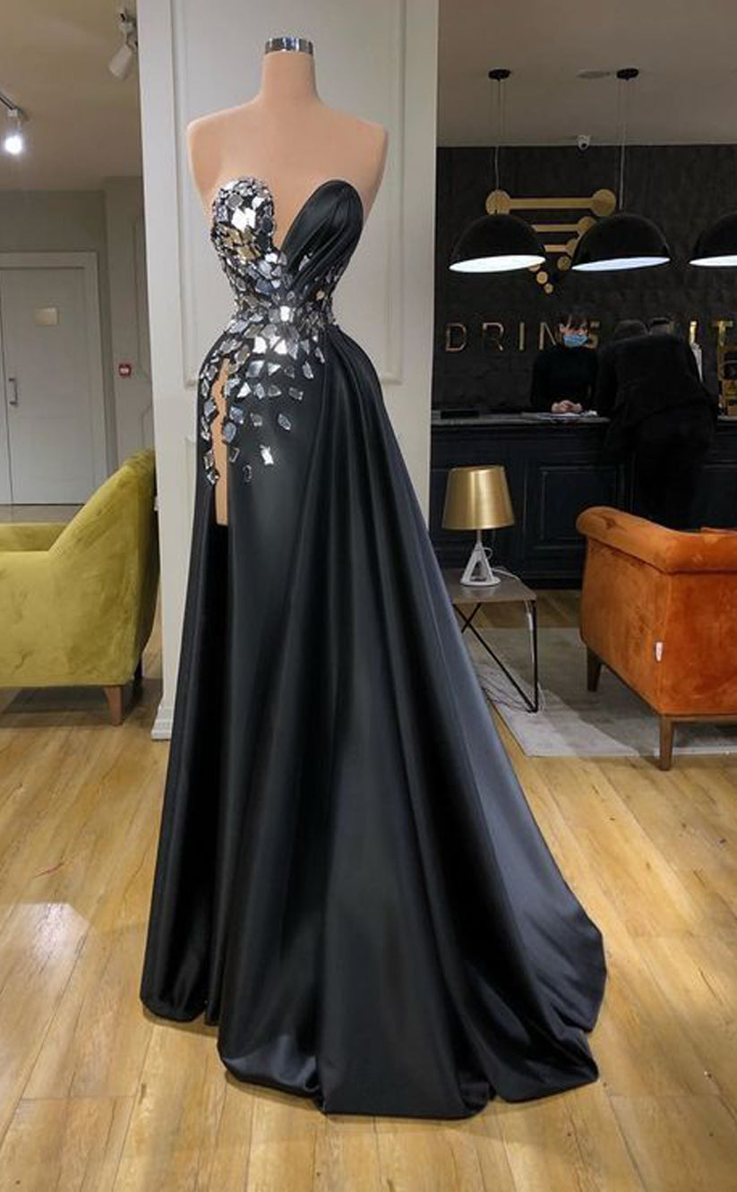 RP538-Gorgeous Black Mermaid Sweetehart Mirrors Crystals Sleeveless Floor Length Prom Evening Dresses Formal Party Gowns
