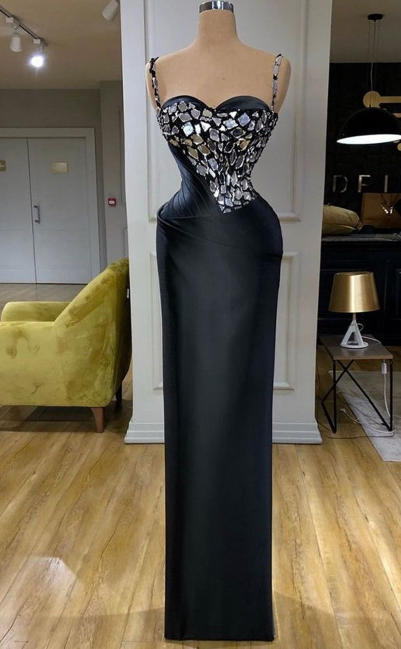 RP538-Gorgeous Black Mermaid Sweetehart Mirrors Crystals Sleeveless Floor Length Prom Evening Dresses Formal Party Gowns