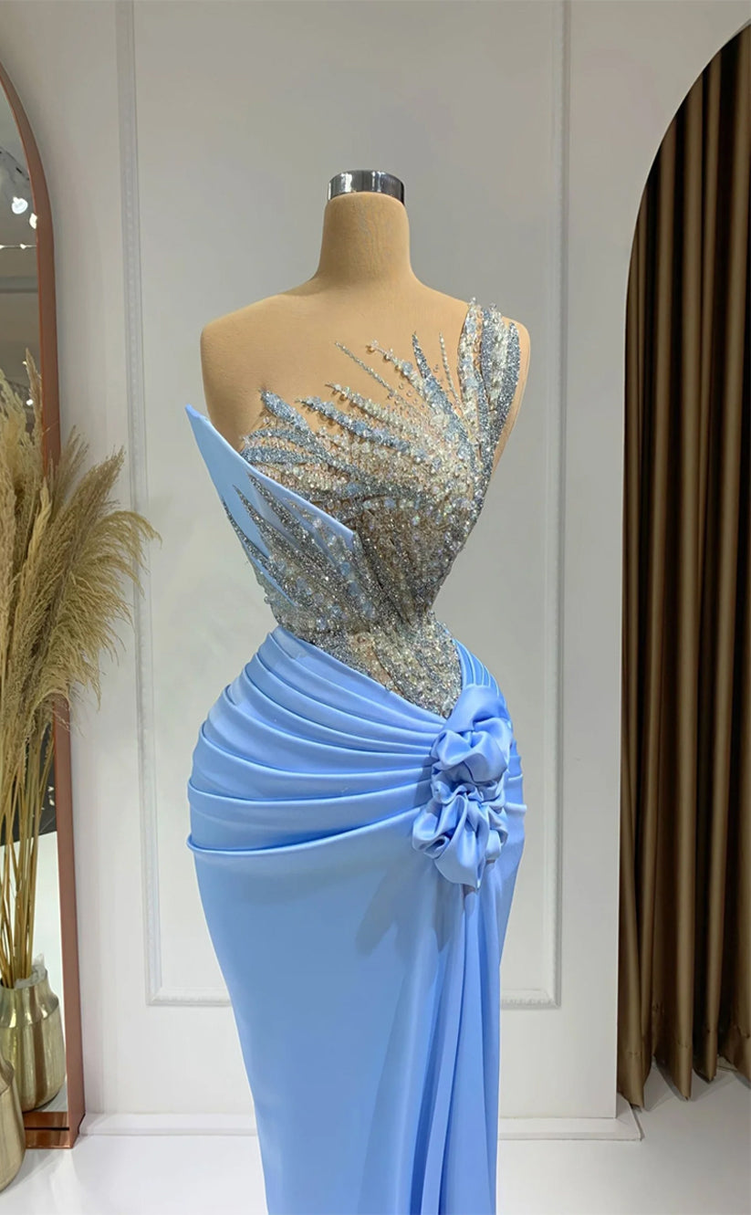 RP334-Sky Blue Mermaid Strapless Beaded Crystals Pleated Sleeveless Prom Evening Dresses Formal Party Gowns With Handmade Flower