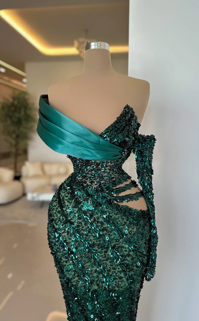 RP541-Gorgeous Green Mermaid Sweetheart Sequins Ruched Long Sleeves Floor Length Prom Evening Dresses Formal Party Gowns
