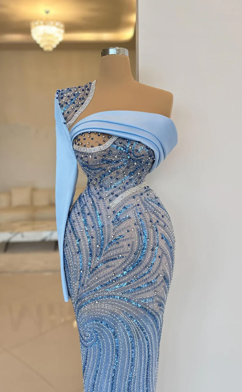 RP546-Luxury Sky Blue Mermaid One Shoulder Sequins Ruched Beaded Long Sleeve Long Prom Evening Dresses Formal Party Gowns