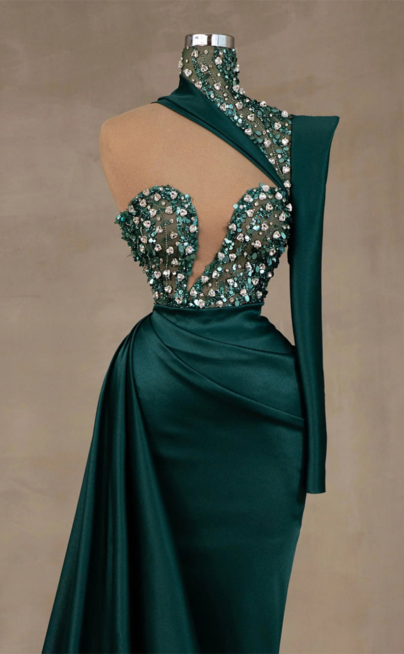 RP340-Dark Green Mermaid High Neck Beaded Crystals One Long Sleeve Prom Evening Dresses Formal Party Gowns With Train