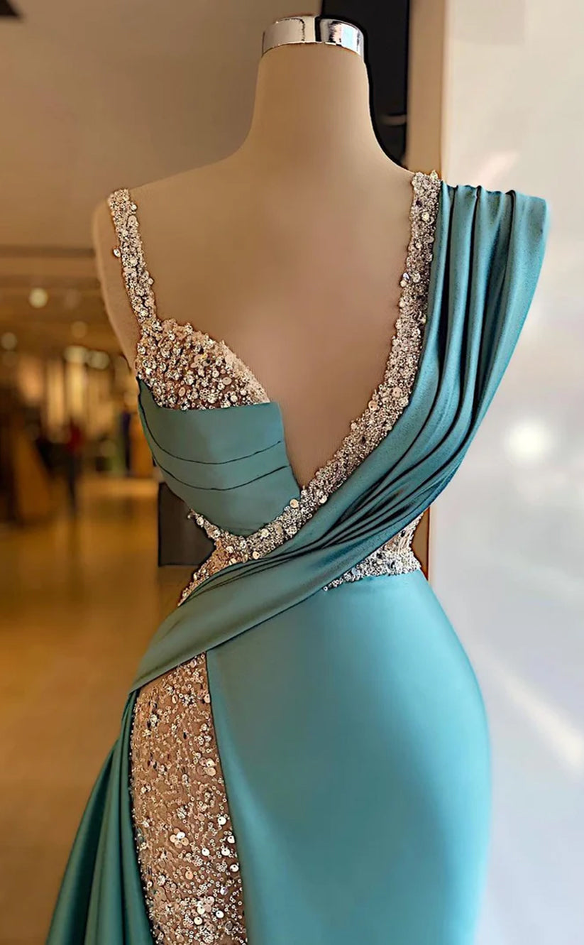 RP557-Charming Mermaid Spaghetti Ruched Sequins Cap Sleeves Satin Sweep Train Prom Evening Dresses Formal Party Gowns With Slit