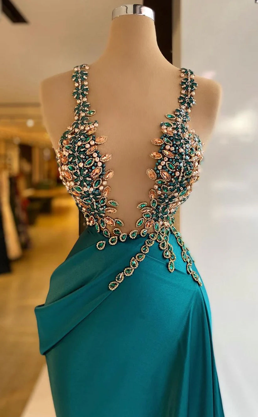 RP556-Charming Mermaid Spaghetti Ruched Rhinestone Cap Sleeves Satin Sweep Train Prom Evening Dresses Formal Party Gowns