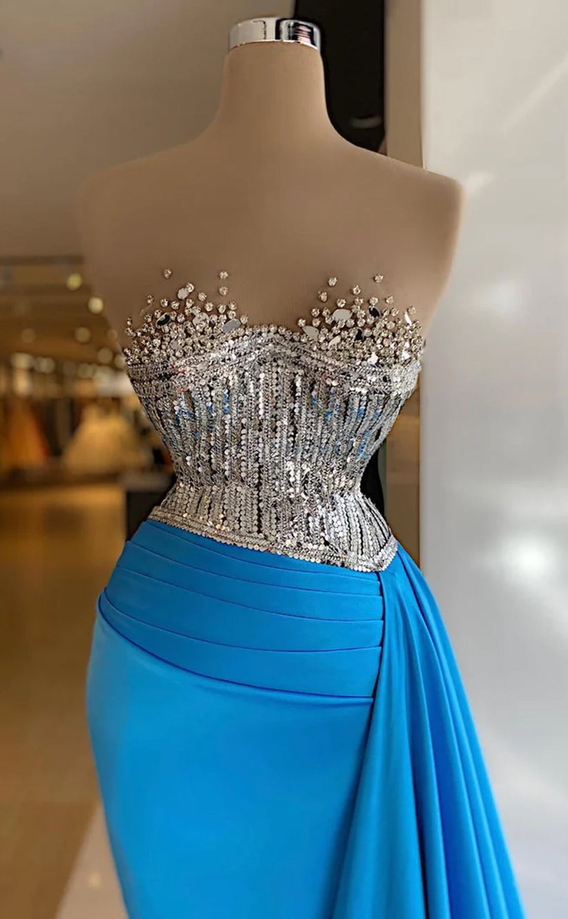 RP553-Elegant Sky Blue Mermaid Sweetheart Sequins Ruched Sleeveless Long Prom Evening Dresses Formal Party Gowns