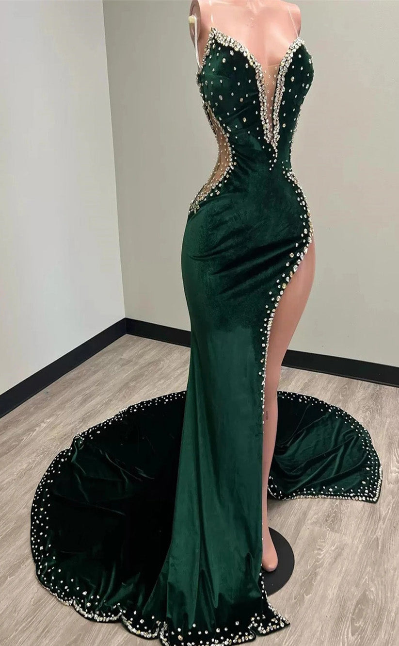 RP116-Special Black Mermaid Sweetheart Beaded High Side Slit Court Train Velvet Long Prom Dresses Formal Party Evening Gowns