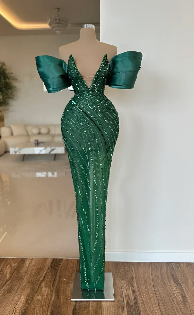 RP562-Luxury Green Mermaid V-Neck Beads Sequins Puffy Cap Sleeves Floor Length Prom Evening Dresses Formal Party Gowns