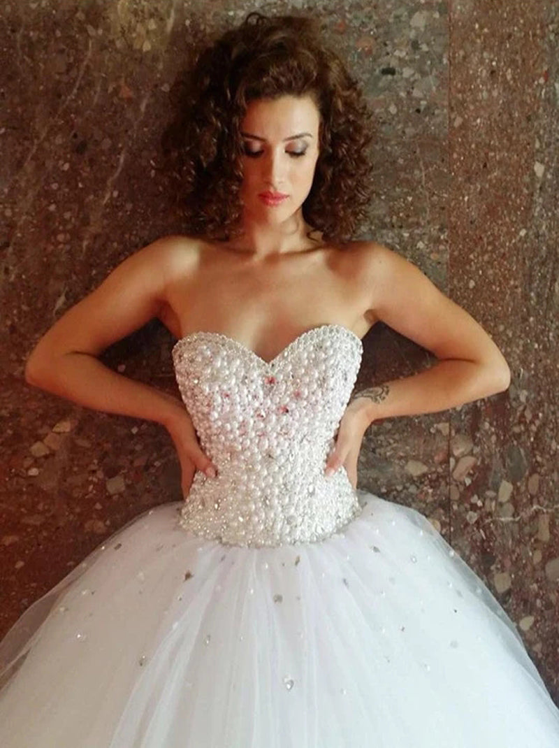 Two Styles Ball Gown Wedding Dresses Sweetheart Beads Pearls Crystals Lace Up Sweep Train Tulle Bridal Gowns Custom Made