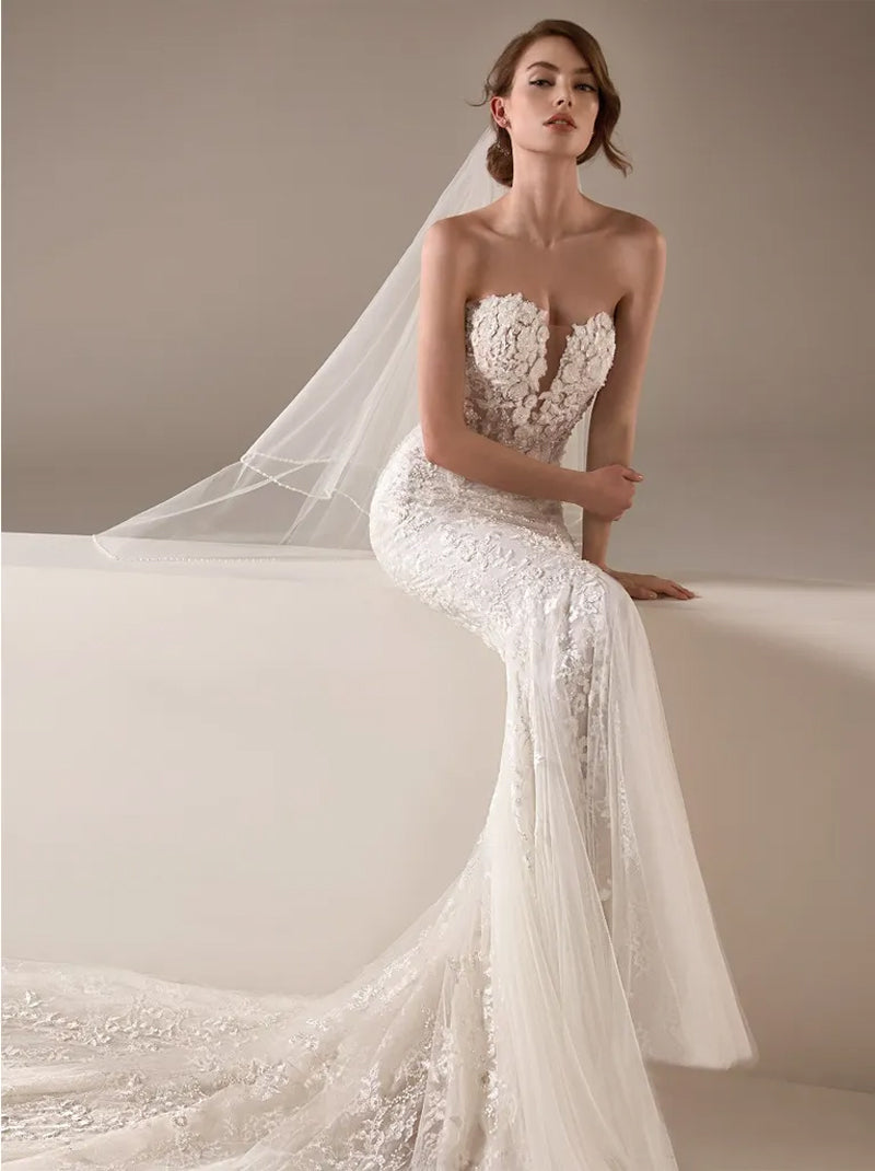 Gorgeous & Classic Mermaid Wedding Dresses Sweetheart Appliqued Beads Sleeveless Tulle Sweep Train Bridal Gowns Custom