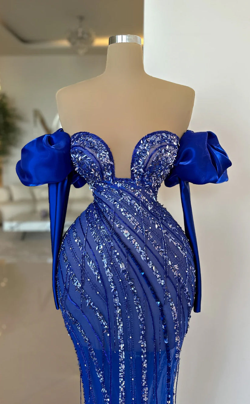 RP561-Luxury Royal Blue Mermaid Sweetheart Beads Sequins Puffy Long Sleeves Floor Length Prom Evening Dresses Formal Party Gowns