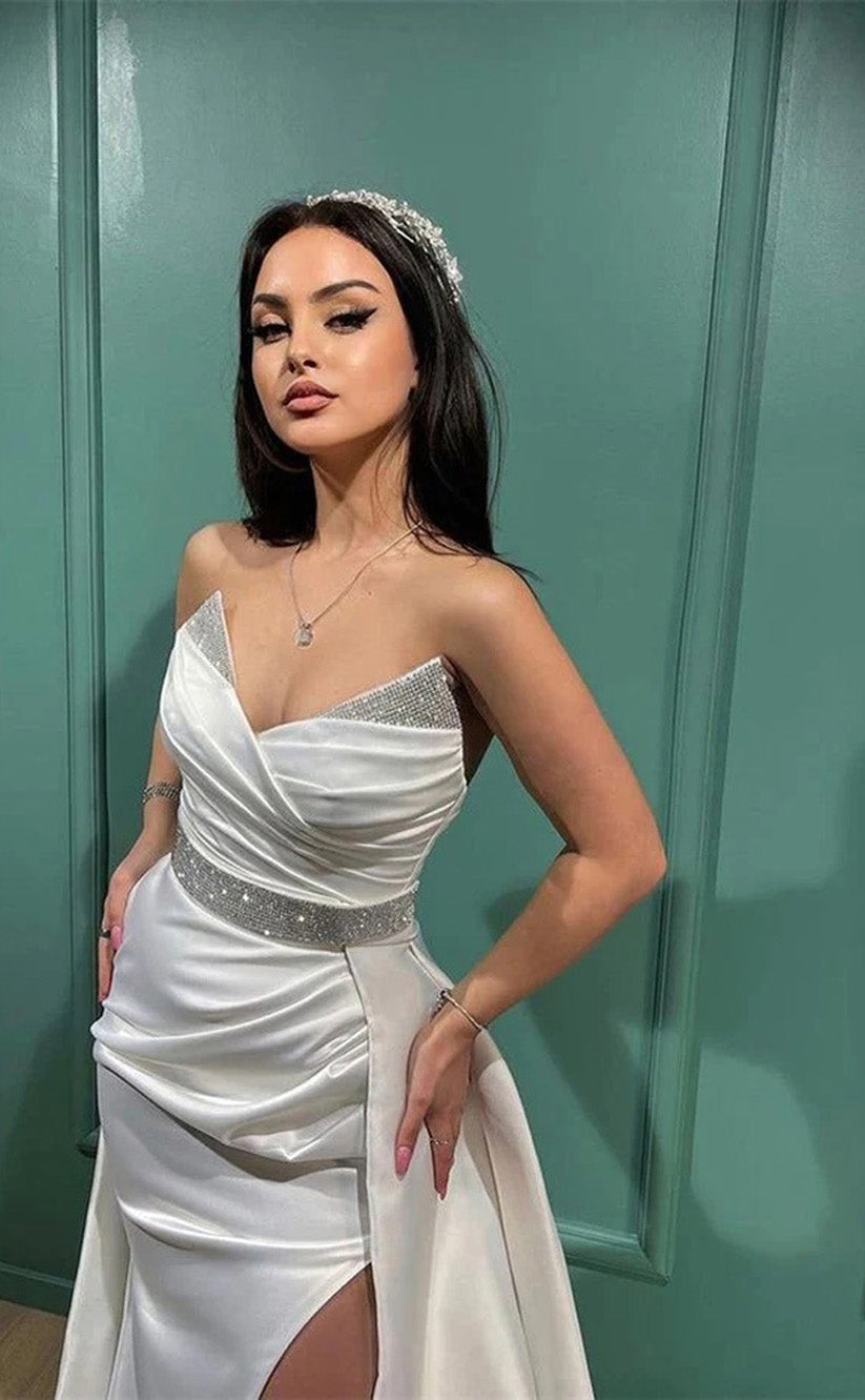 RP085-White Mermaid Sweetheart Sleeveless Beads Crystals Sash Pleated High Slit Satin Long Evening Dresses Prom Formal Party Gowns