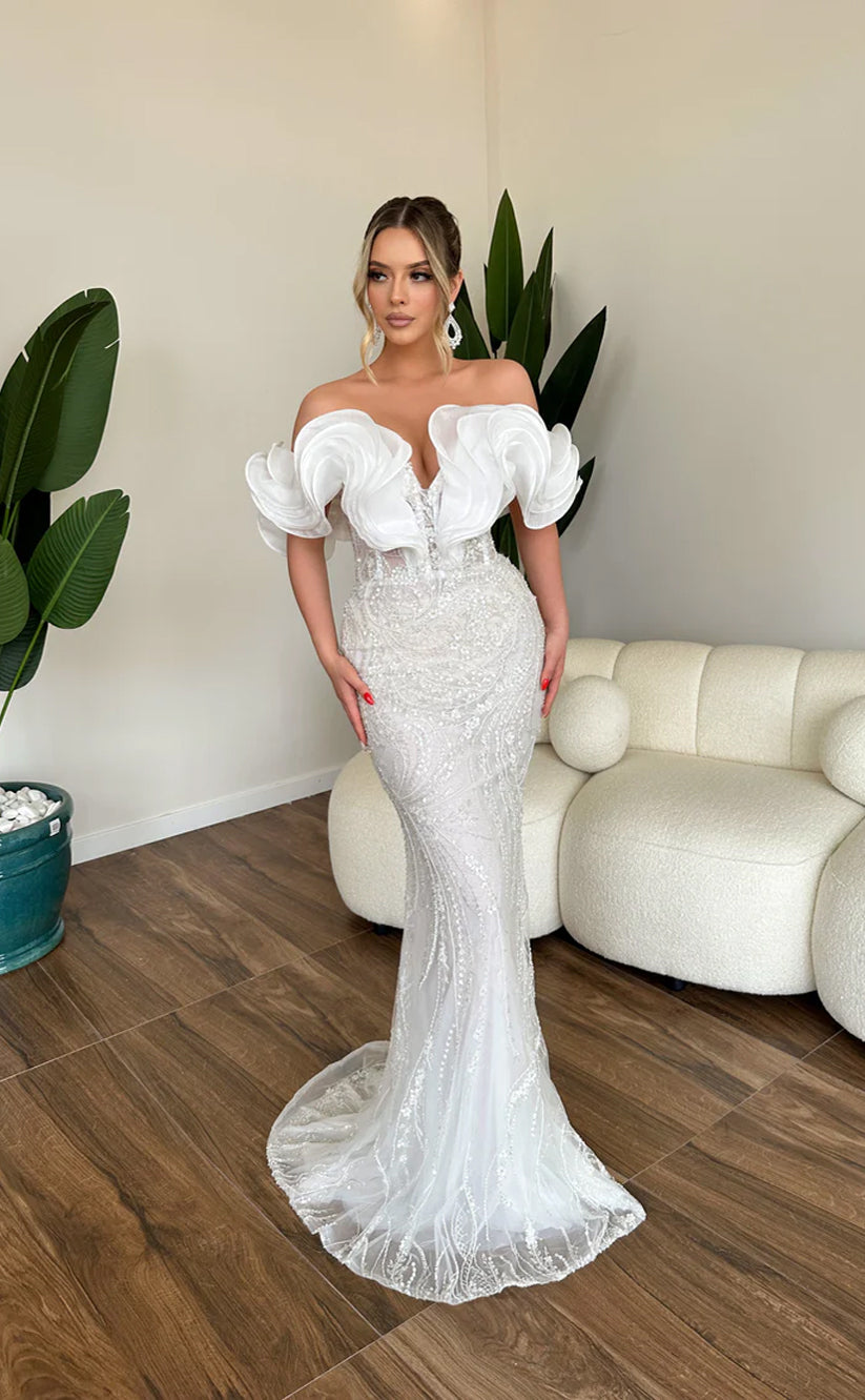 RP573-Luxury White Mermaid Sweetheart Beads Sequins Cap Sleeves Long Prom Evening Dresses Formal Party Gowns With Flowers