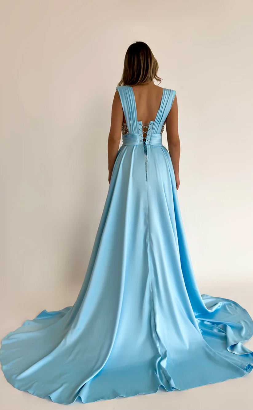 RP569-Luxury Sky Blue Mermaid Spaghetti Beads Sequins Ruched Sleeveless Prom Evening Dresses Formal Party Gowns With Train