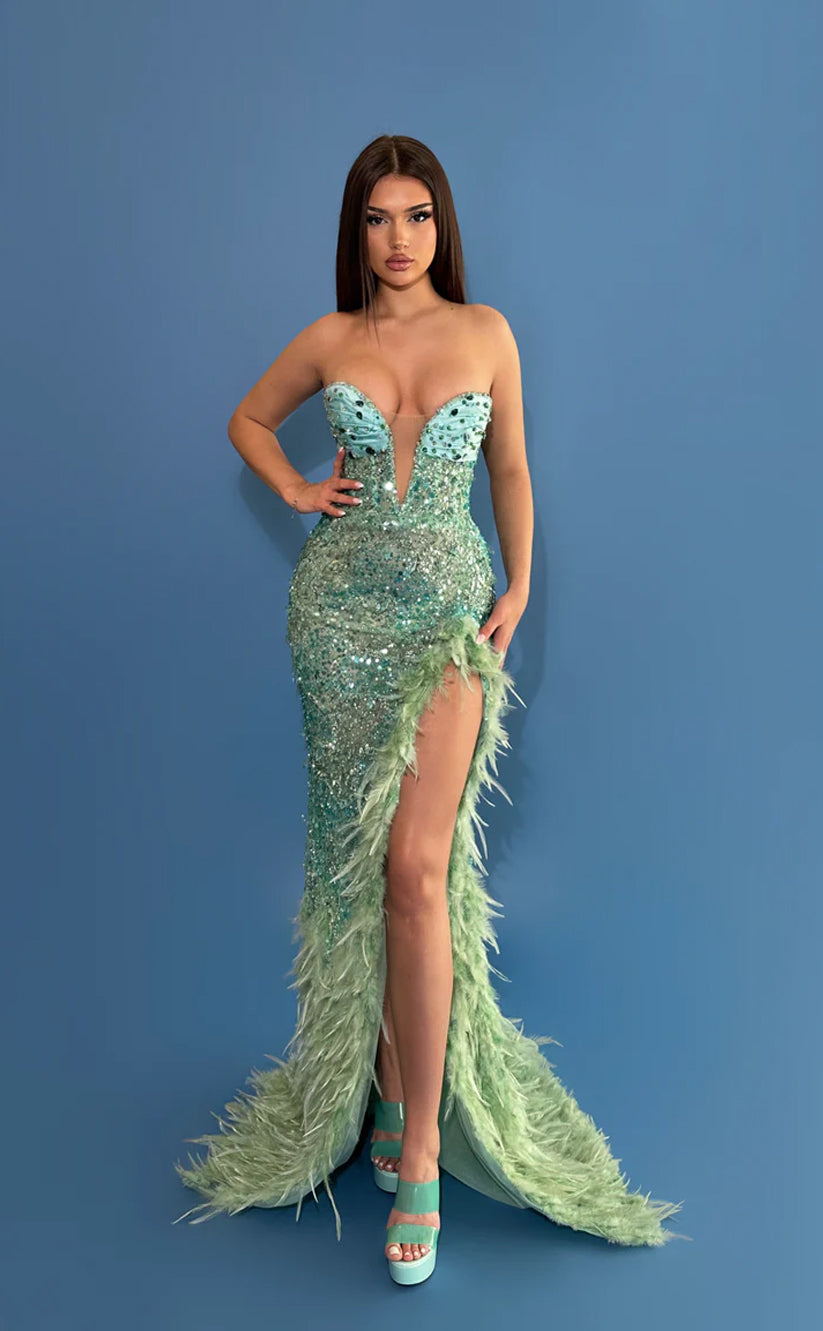 RP598-Sexy Fuchsia Mermaid Sweetheart Beads Sequins Feather Ruched Sleeveless Satin Long Prom Evening Dresses Formal Party Gowns With Slit