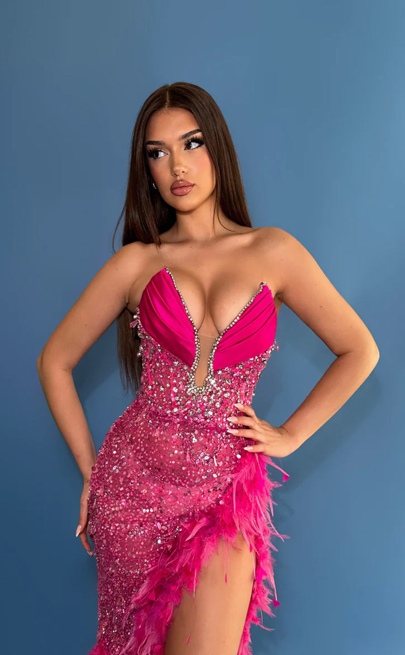 RP598-Sexy Fuchsia Mermaid Sweetheart Beads Sequins Feather Ruched Sleeveless Satin Long Prom Evening Dresses Formal Party Gowns With Slit