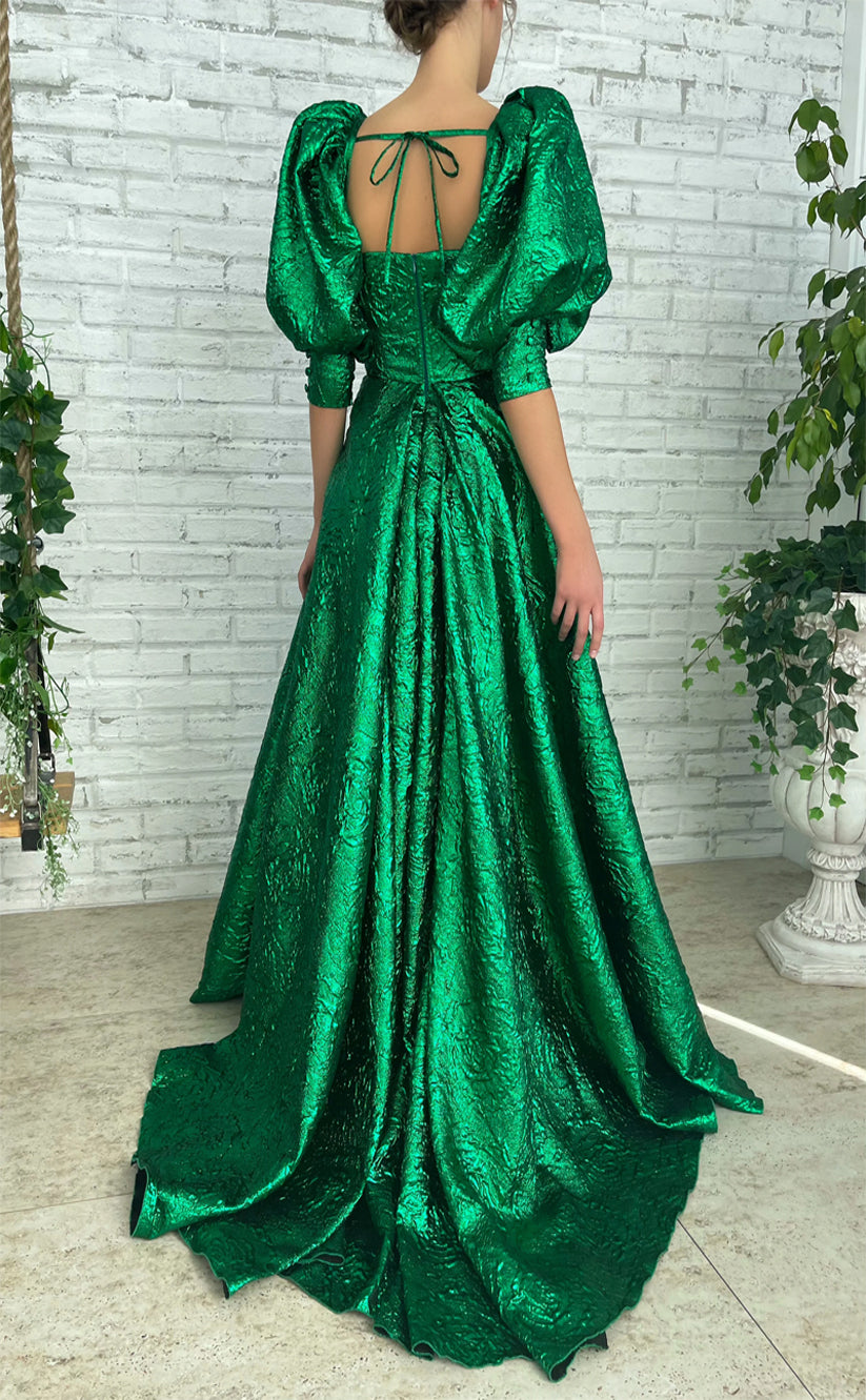 RP185-A-Line Sweetheart Detachable Puffy Sleeves Long Prom Evening Dresses Formal Party Gowns With Slit