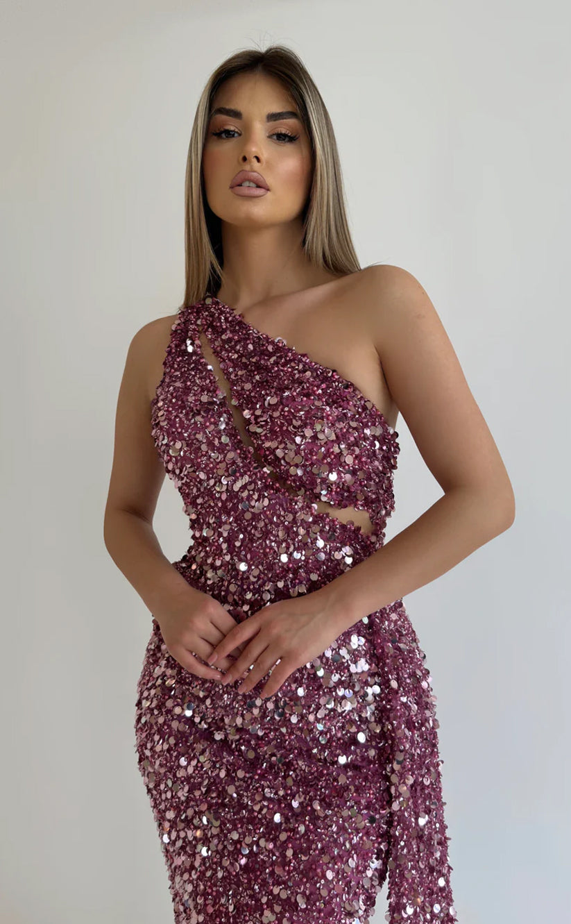 RP579-Elegant Purple Mermaid One Shoulder Beads Sequins Sleeveless Long Prom Evening Dresses Formal Party Gowns With Cut Out