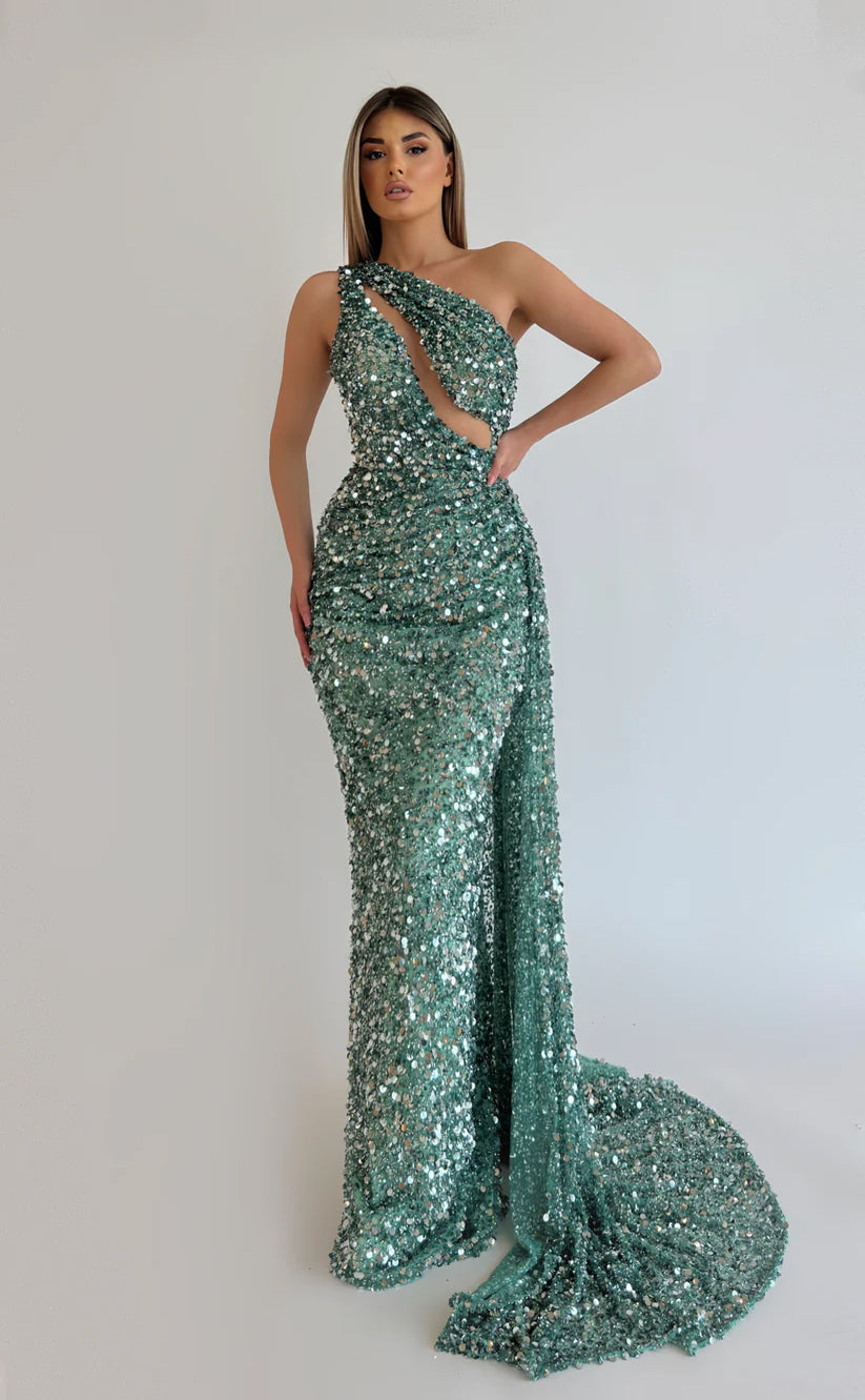 RP579-Elegant Purple Mermaid One Shoulder Beads Sequins Sleeveless Long Prom Evening Dresses Formal Party Gowns With Cut Out