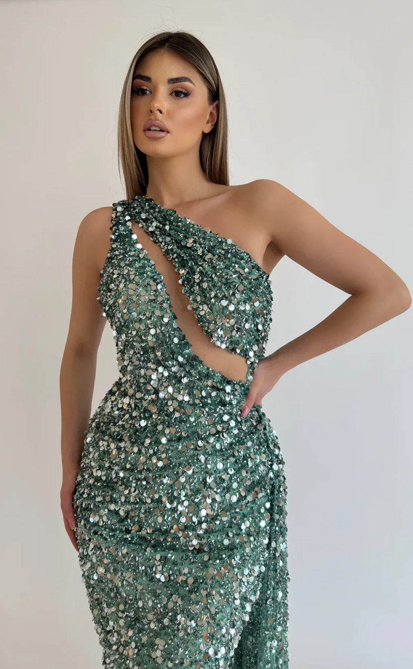 RP579-Elegant Purple Mermaid One Shoulder Beads Sequins Sleeveless Long Prom Evening Dresses Formal Party Gowns With Cut Out