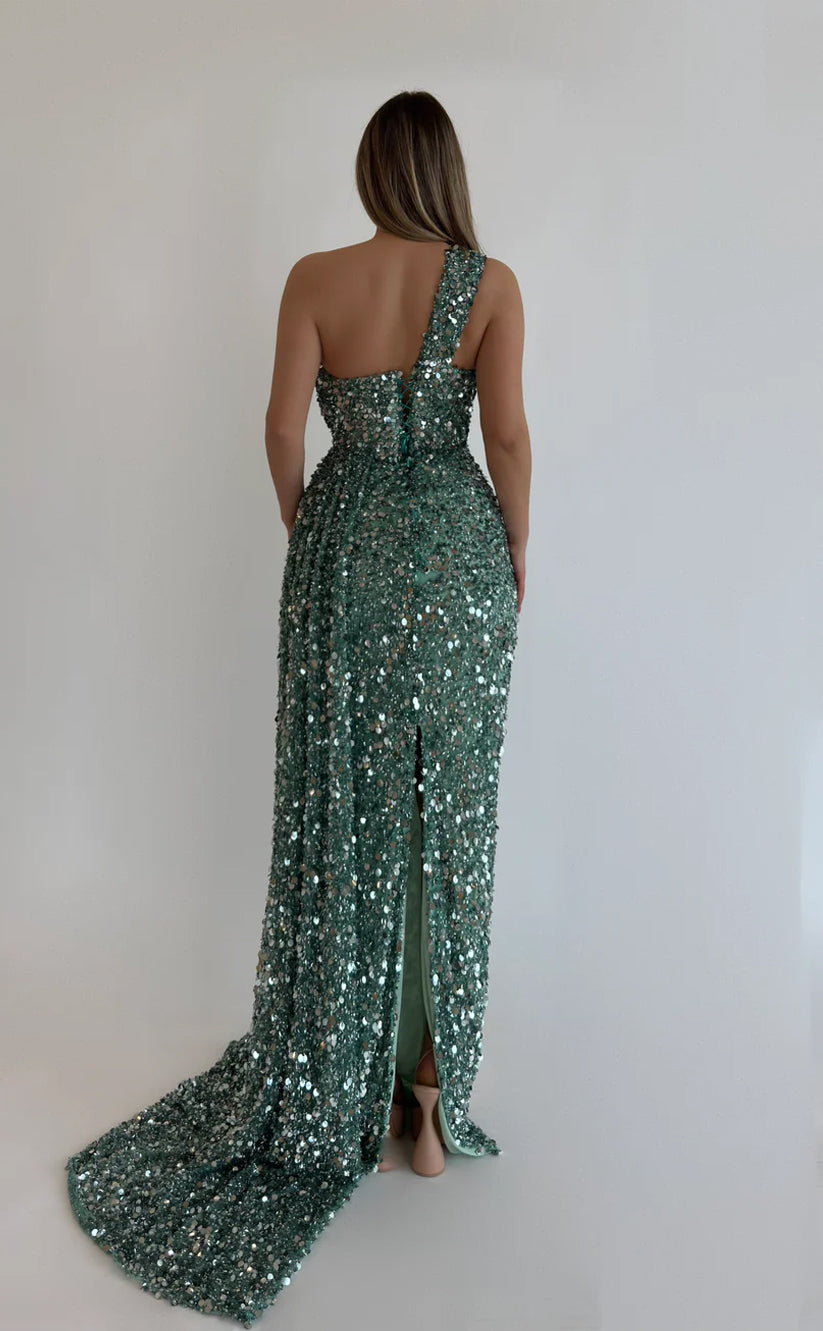 RP579-Elegant Purple Mermaid One Shoulder Beads Sequins Sleeveless Long Prom Evening Dresses Formal Party Gowns With Cut Out