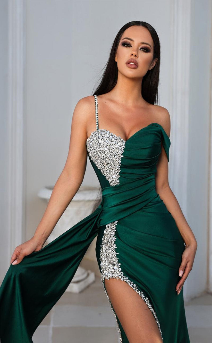 RP074-Luxury Mermaid One Shoulder Beaded Crystals High Side Slit Court Train Prom Dresses Formal Party Evening Gowns