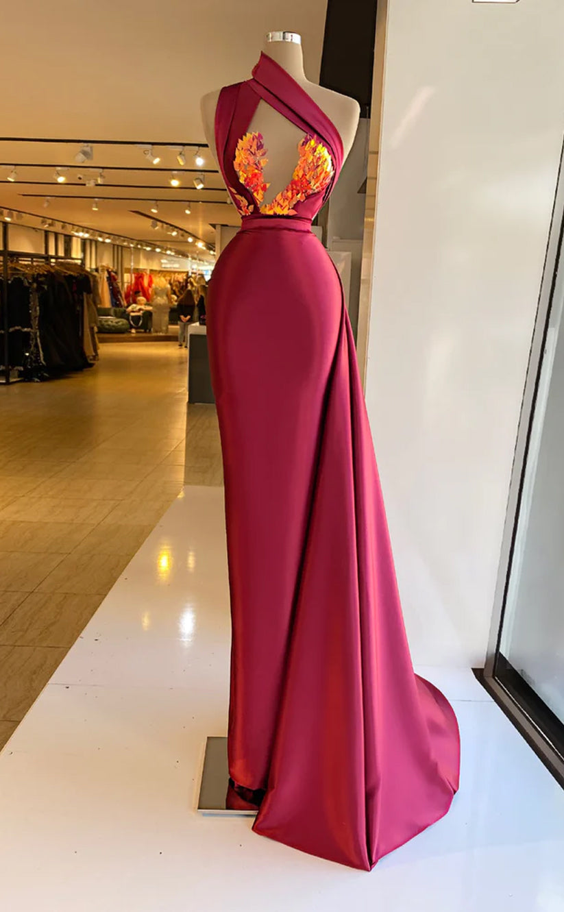 RP604-Elegant Burgundy Mermaid One Shoulder Appliqued Sweep Train Prom Evening Dresses Formal Party Gowns