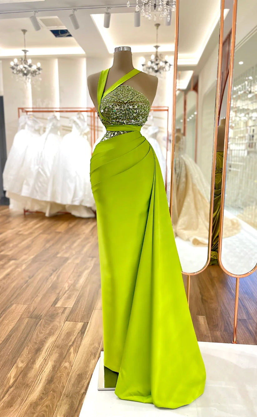 RP607-Charming Apple Green Mermaid One Shoulder Sequins Ruched Floor Length Prom Evening Dresses Formal Party Gowns
