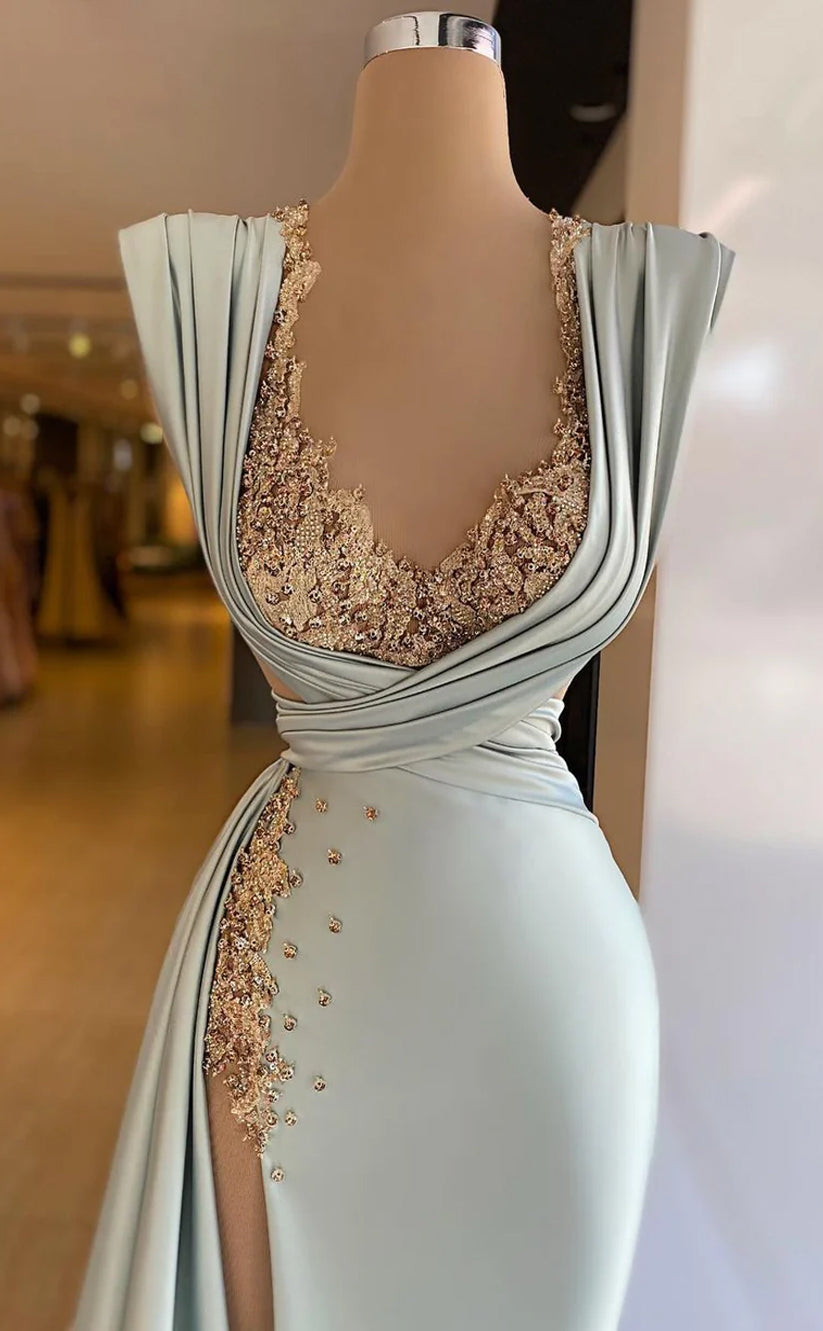 RP608-Elegant Mermaid Sweetheart Ruched Sequins Cap Sleeves Satin Sweep Train Prom Evening Dresses Formal Party Gowns With Slit