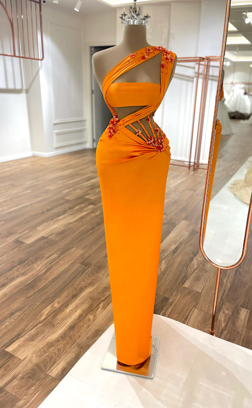RP609-Charming Orange Mermaid One Shoulder Crystals Ruched Floor Length Prom Evening Dresses Formal Party Gowns